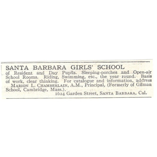 Santa Barbara CA Girls School Marion L. Chamberlain c1918 Advertisement AE5-SA5