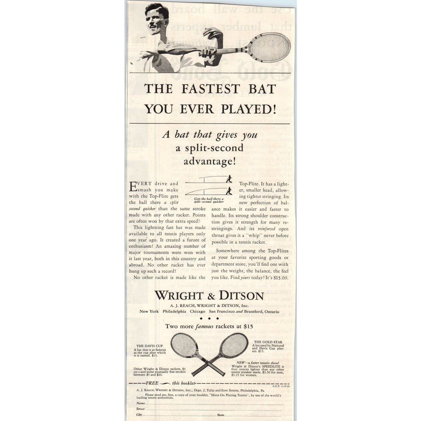 A.J. Reach Wright & Ditson Tennis Rackets 1928 Original Advertisement FL6-8