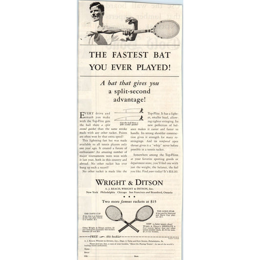 A.J. Reach Wright & Ditson Tennis Rackets 1928 Original Advertisement FL6-8