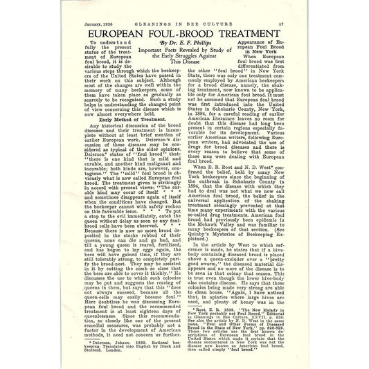 European Foul-Blood Treatment Dr. E.F. Philips Beekeeping 1926 Article AG3-9
