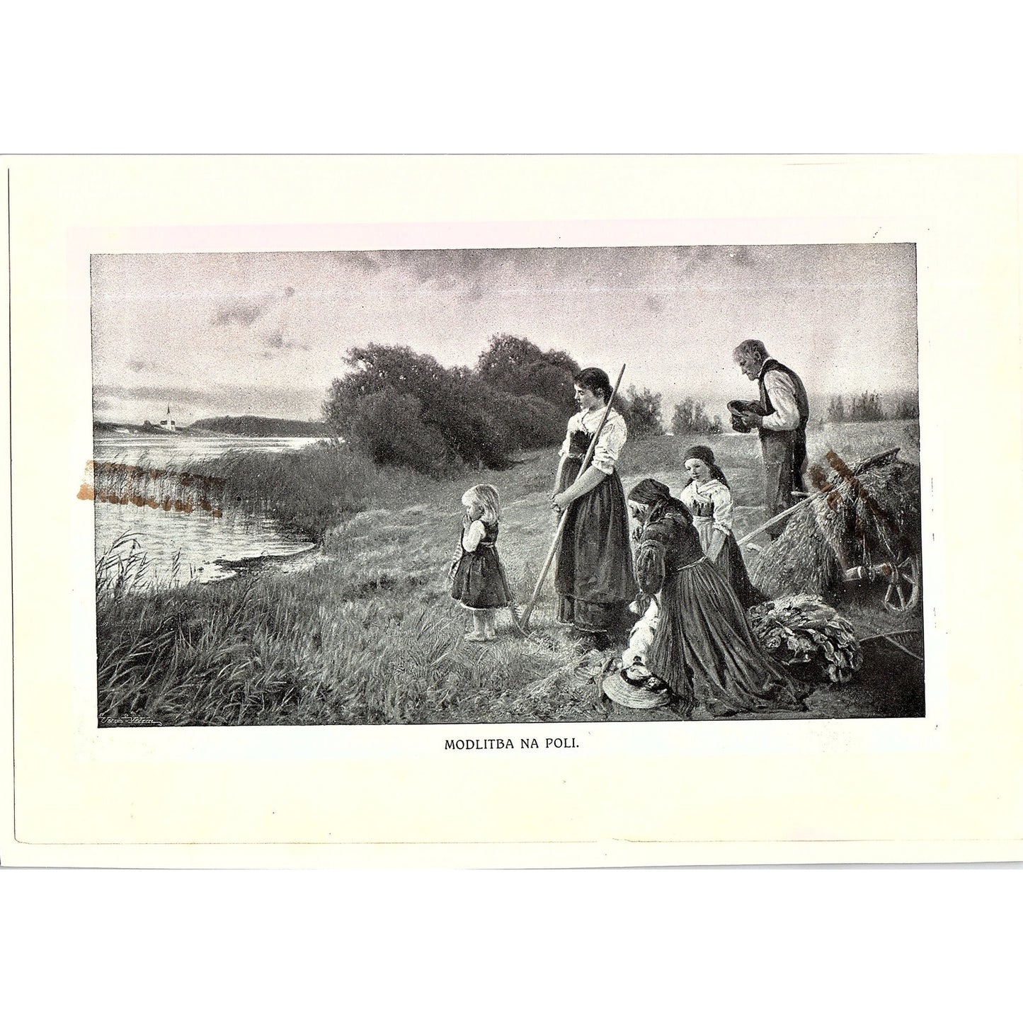 c1910 Gathering Hay in Field Listen to Ave Maria Pray Slovak Art Print 6x9 V12