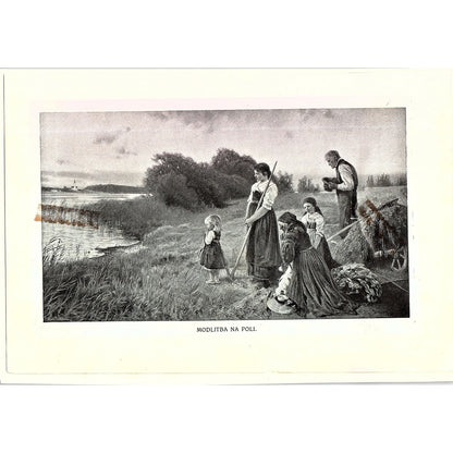 c1910 Gathering Hay in Field Listen to Ave Maria Pray Slovak Art Print 6x9 V12