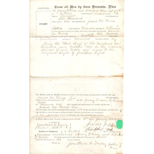 1875 Warranty Deed J.P. & Rebekah D. Welch to Jeremy P. Welch Groton VT AF7-E6