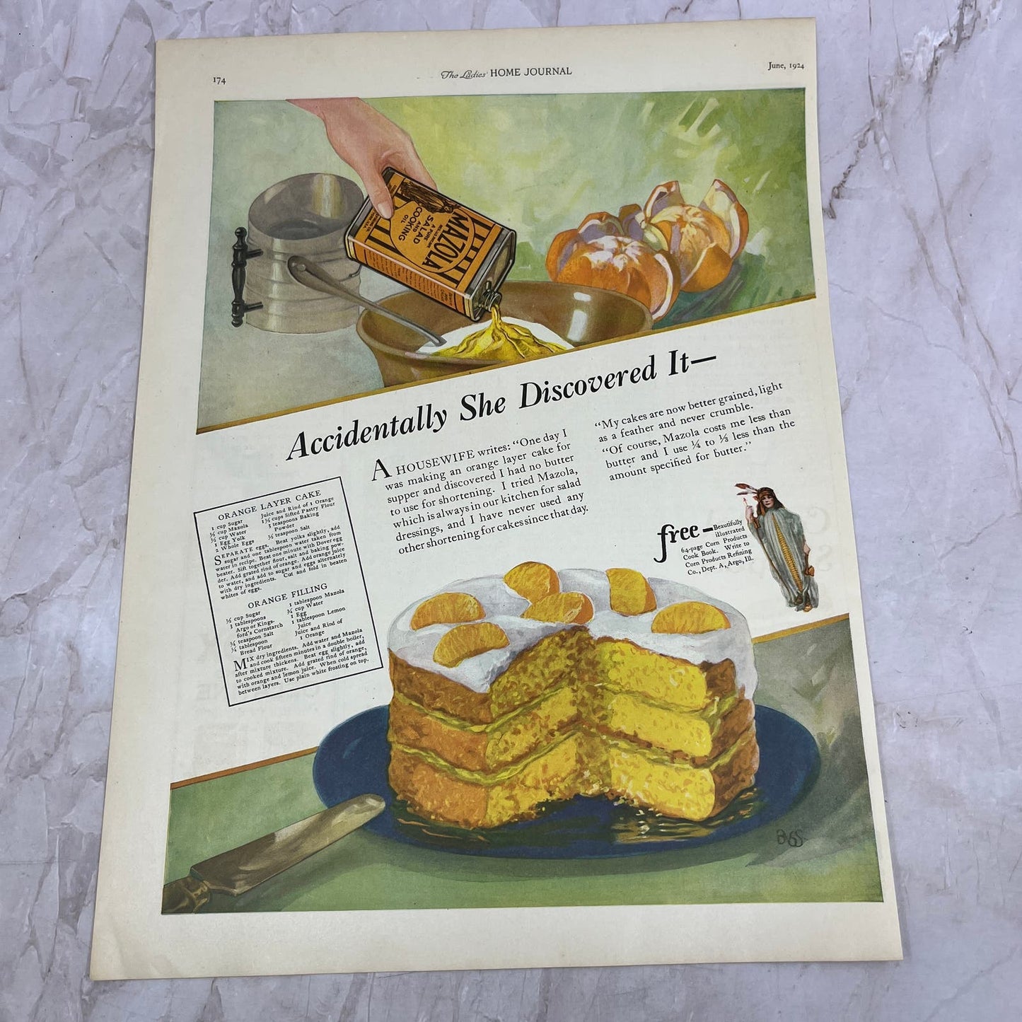 Mazola Cooking Oil Orange Layer Cake Recipe 1924 Magazine Ad FL6-11
