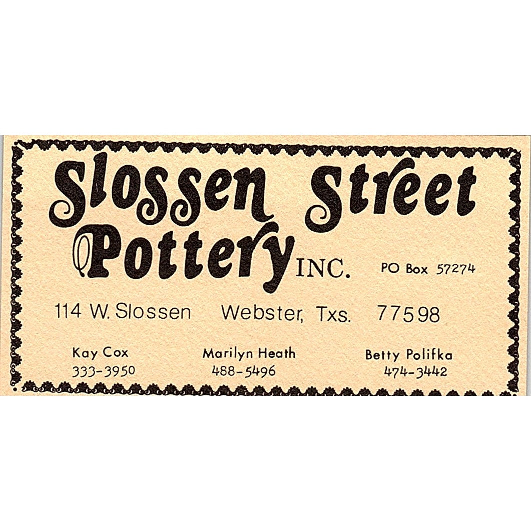 Slossen Street Pottery Kay Cox Marilyn Heath Betty Polifka Webster Card SD9-B5
