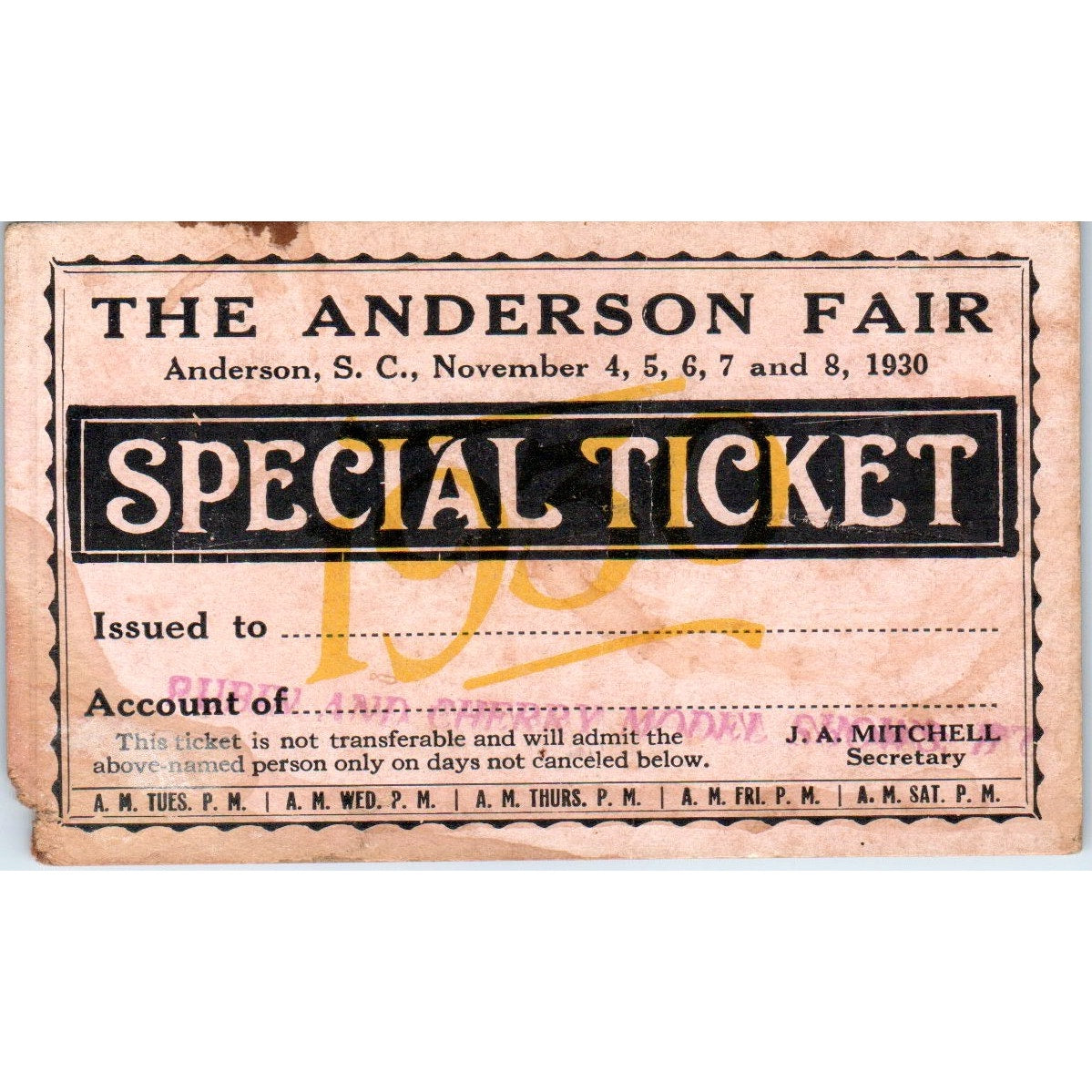1930 Anderson SC Fair Special Ticket Card J.A. Mitchell AD8-Q1