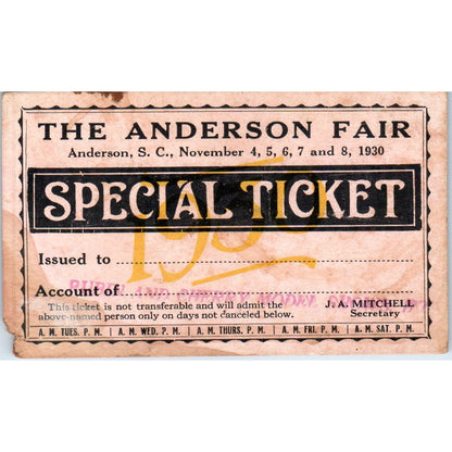 1930 Anderson SC Fair Special Ticket Card J.A. Mitchell AD8-Q1