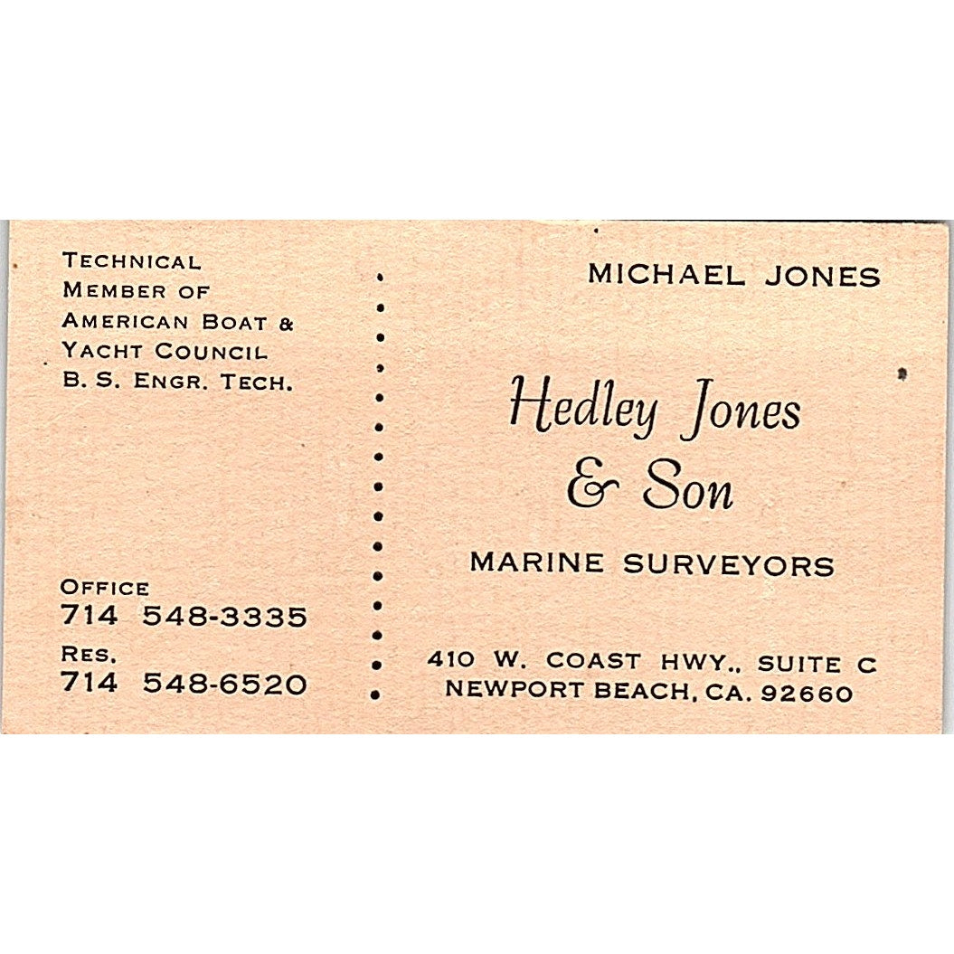 Hedley Jones & Son Marine Surveyors Newport Beach Vintage Business Card SD9-B10