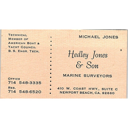 Hedley Jones & Son Marine Surveyors Newport Beach Vintage Business Card SD9-B10