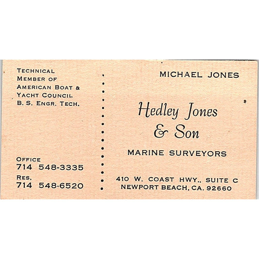 Hedley Jones & Son Marine Surveyors Newport Beach Vintage Business Card SD9-B10