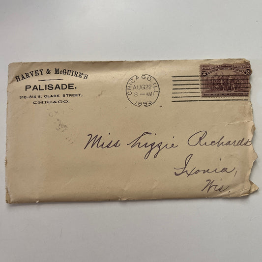 1893 Harvey & McGuire's Palisade Chicago Handwritten Letter & Envelope AI9-H6