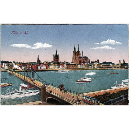 Köln a. Rh. Steamships Bridge Trolley German Antique Postcard PE9