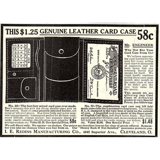 I.E. Redins Mfg Co Cleveland Engineers Leather Card Case 1914 Original Ad AF3-10
