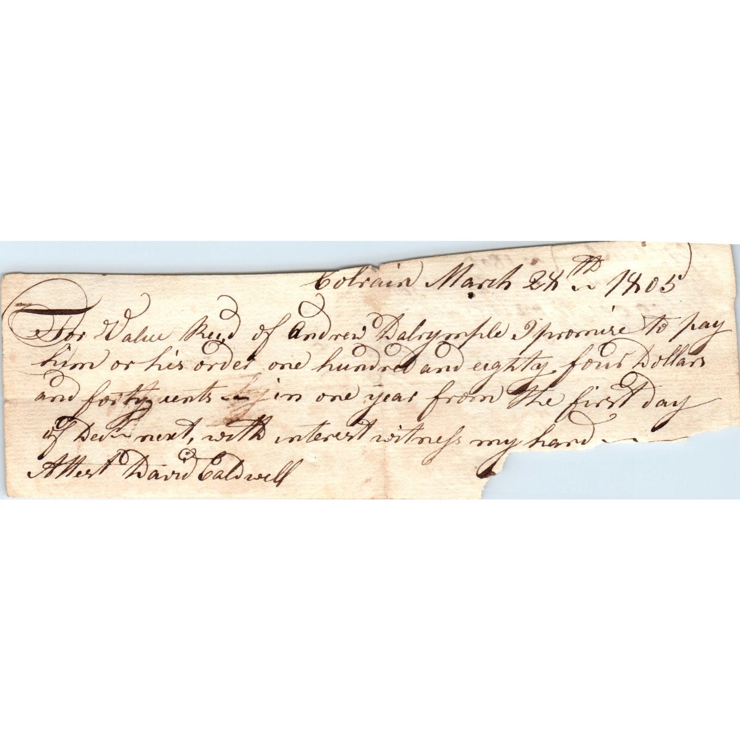 1805 Handwritten Receipt Colrain Massachusetts David Caldwell John Clark AE6-011