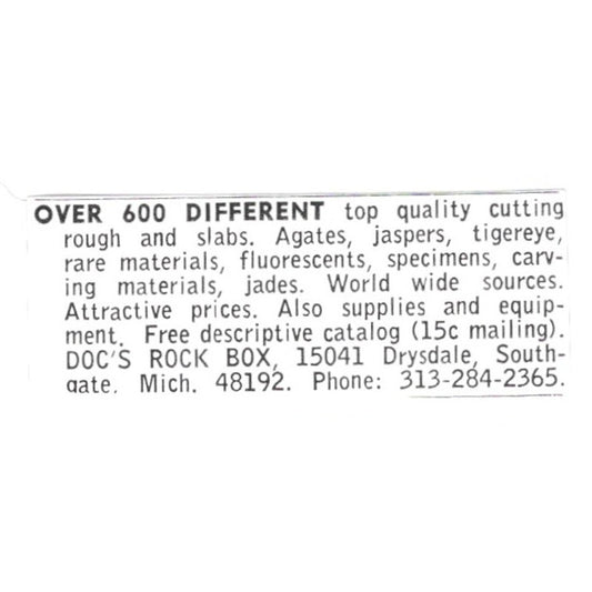 Doc's Rock Box Lapidary Specimens Southgate Michigan 1972 Ad AF8-S16