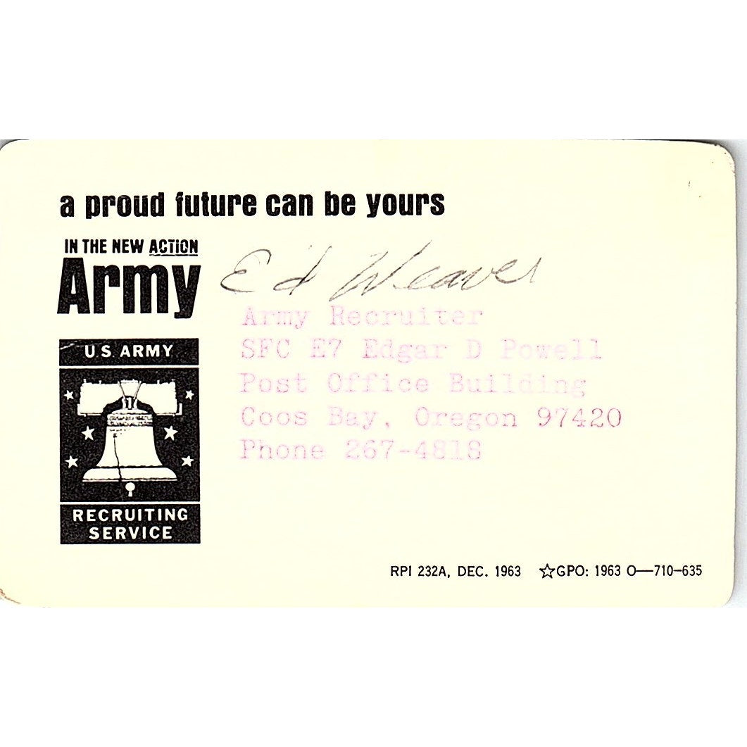 Army Recruiter SFC E7 Edgar D Powell Coos Pay OR Vintage Business Card TH2-B1