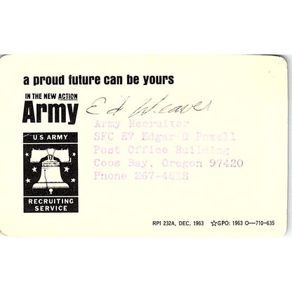 Army Recruiter SFC E7 Edgar D Powell Coos Pay OR Vintage Business Card TH2-B1
