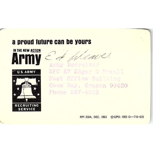 Army Recruiter SFC E7 Edgar D Powell Coos Pay OR Vintage Business Card TH2-B1