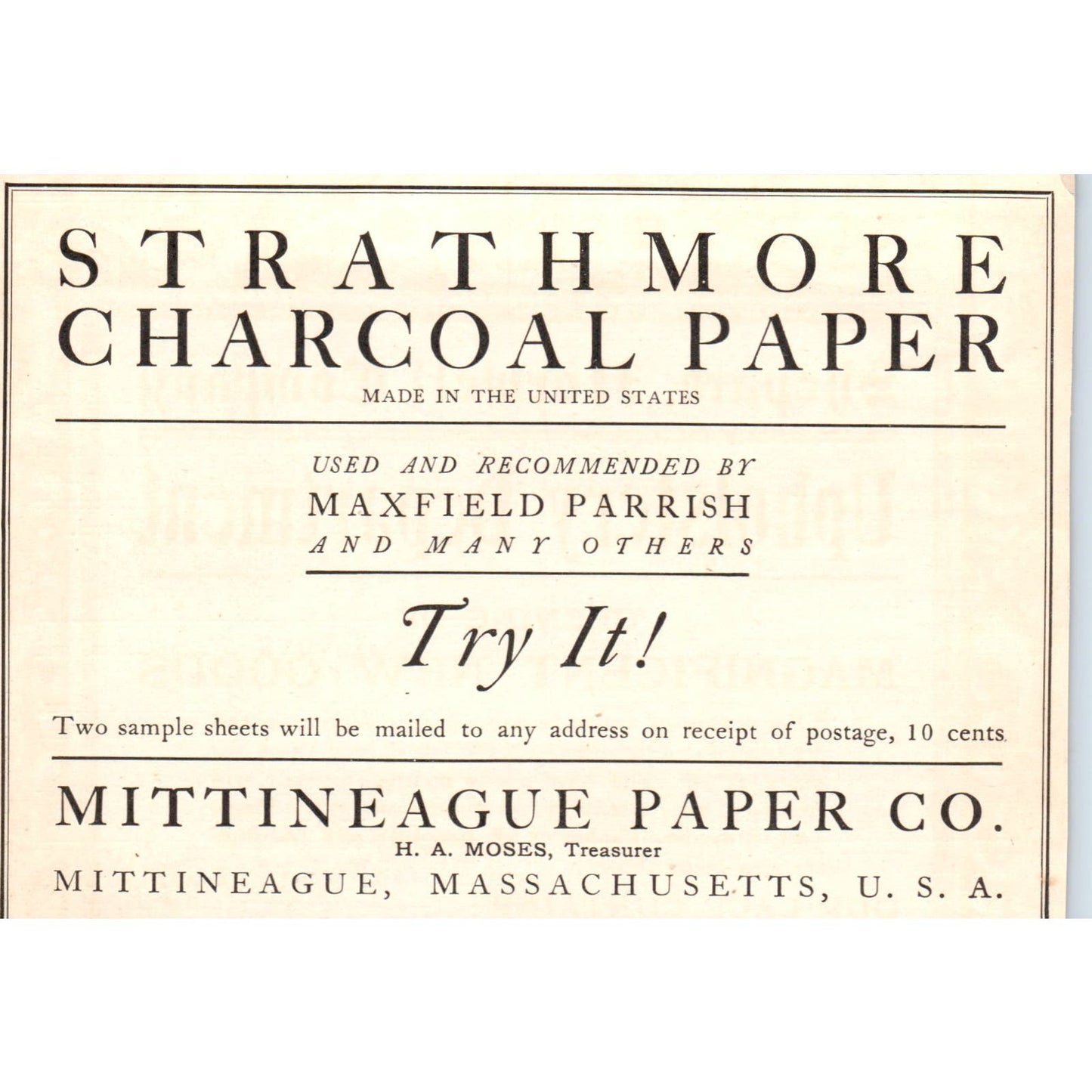 Strathmore Charcoal Paper Mittineague Paper Co c1905 Victorian Ad AE9-MA4
