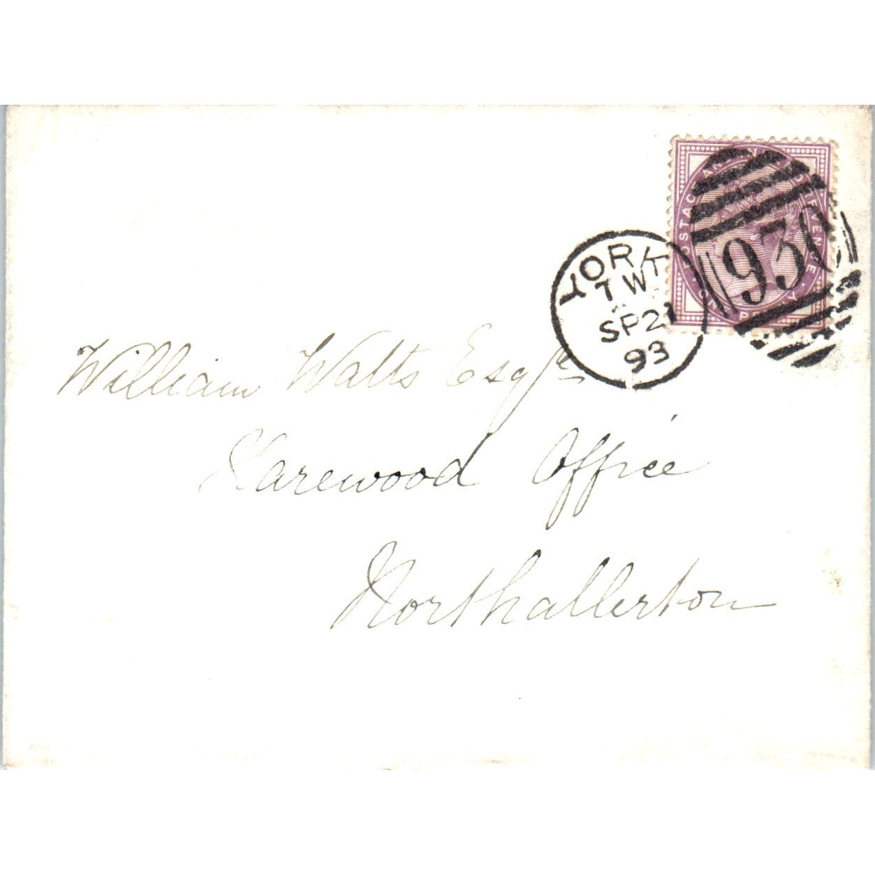 1893 Postal Cover York 930 Cancellation to Northallerton William Watts AB6-M4