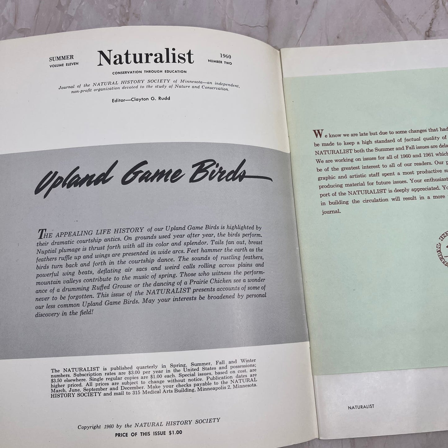 1960 Summer - Naturalist Magazine Upland Game Birds Natural History Society M21