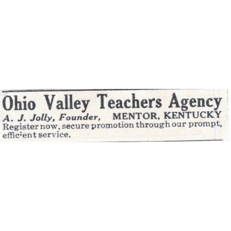 1931 Ohio Valley Teachers Agency A.J. Folly Mentor KY Advertisement AE5-SA2