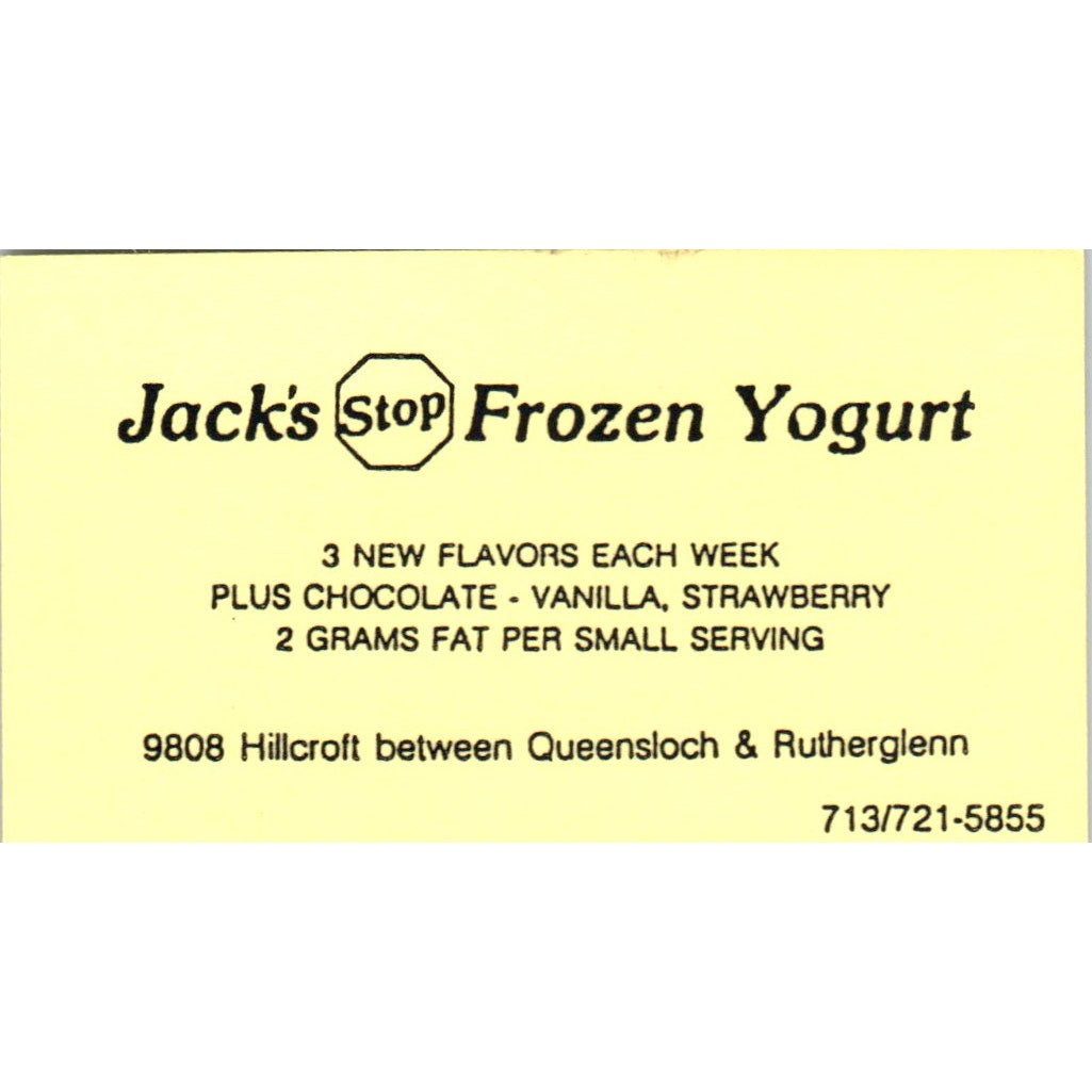 Jack's Stop Frozen Yogurt Houston TX Vintage Business Card SD8-B6