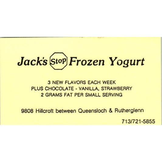 Jack's Stop Frozen Yogurt Houston TX Vintage Business Card SD8-B6