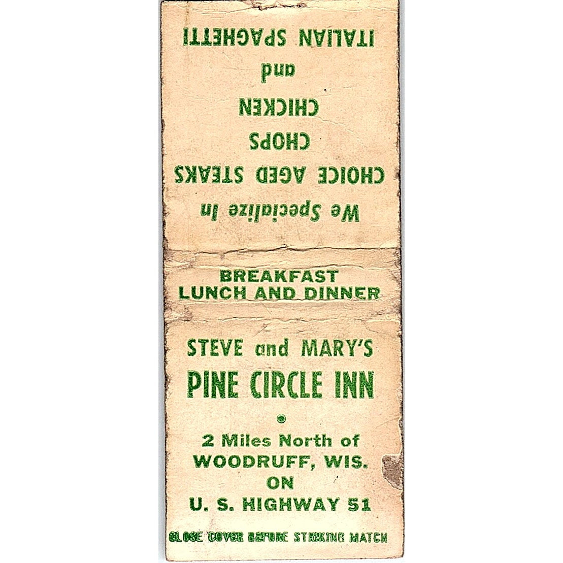 Steve and Mary's Pine Circle Inn Woodruff WI Vintage Matchbook Cover SC7-Y5