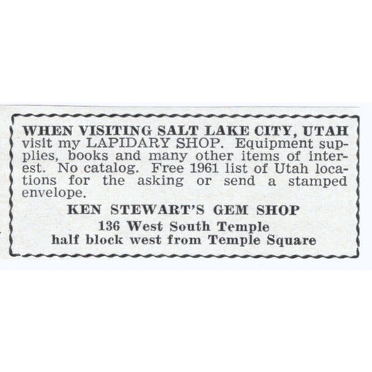 Ken Stewart's Gem Shop Temple Square Utah 1964 Magazine Ad AK6-S5