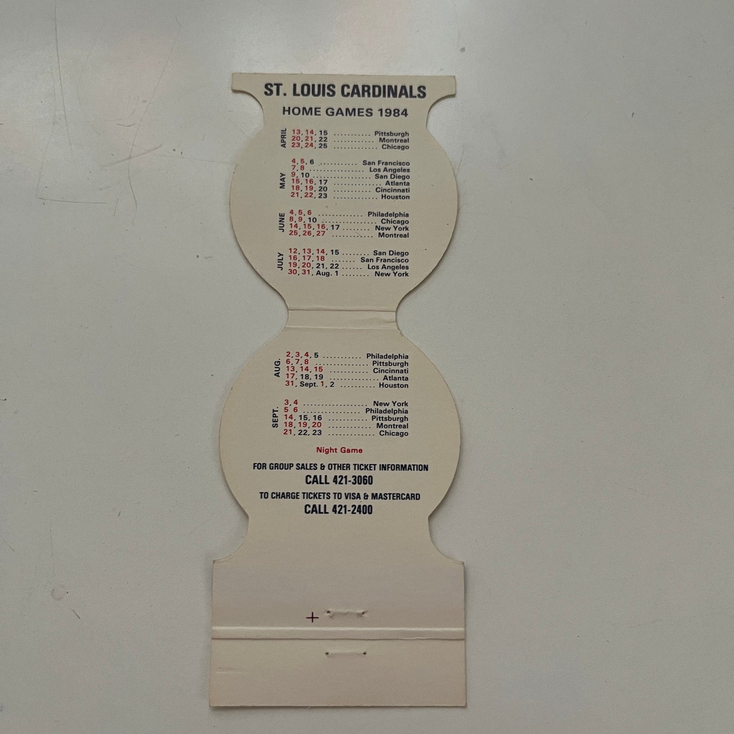 St. Louis Cardinals MLB 1984 Schedule Vintage Matchbook Cover SC5-MB1