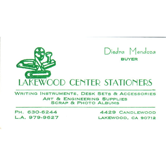 Diana Mendoza Lakewood Center Stationers Lakewood CA Vtg Business Card SE3-B4