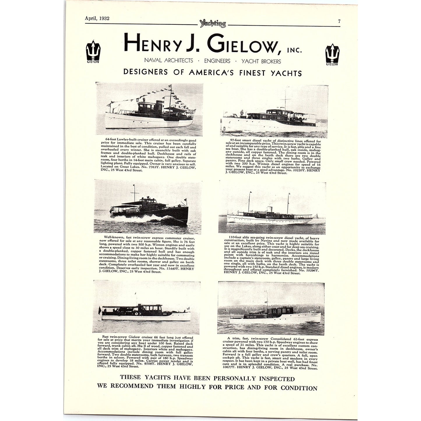 Henry J. Gielow Inc Designers of America's Finest Yachts 1932 Ad D22