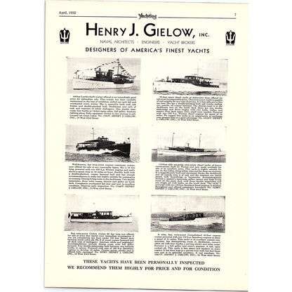 Henry J. Gielow Inc Designers of America's Finest Yachts 1932 Ad D22