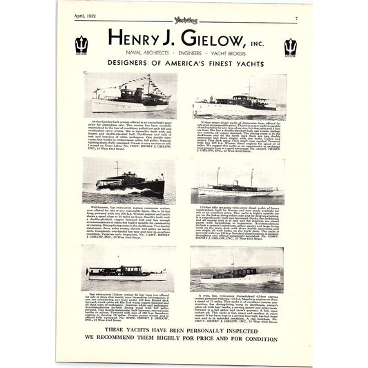 Henry J. Gielow Inc Designers of America's Finest Yachts 1932 Ad D22
