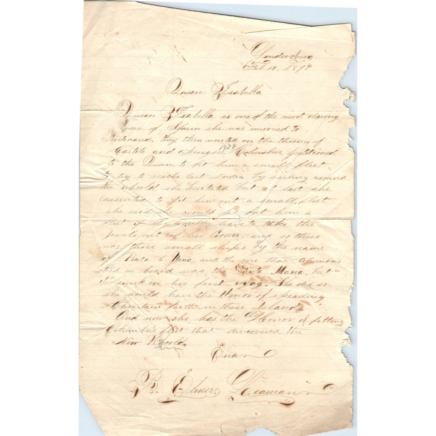 1879 Handwritten Letter - Possibly Schoolwork - Soudersburg B. Elmer Leaman D20