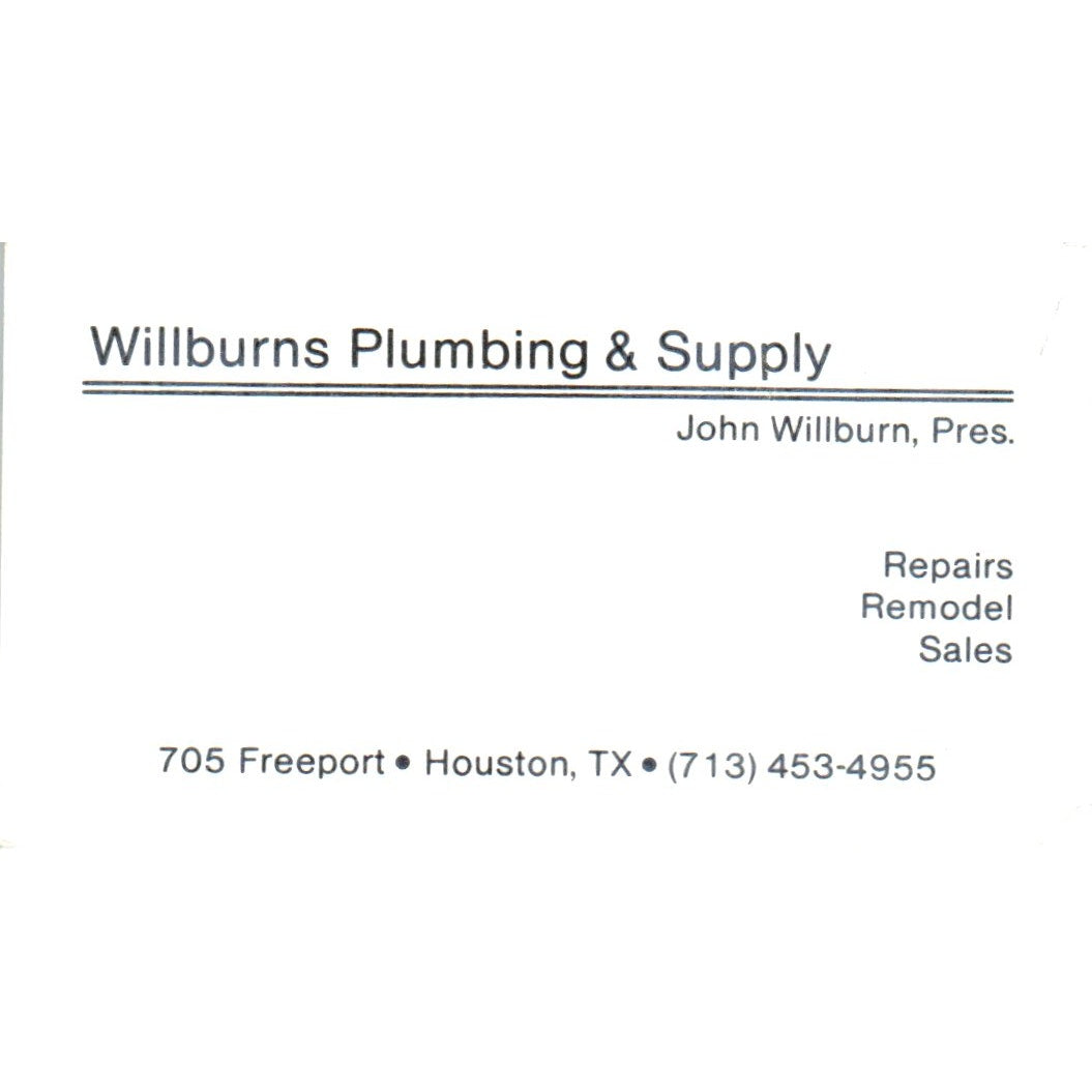 John Wilburn Plumbing & Supply Houston TX Vintage Business Card SD4-B1