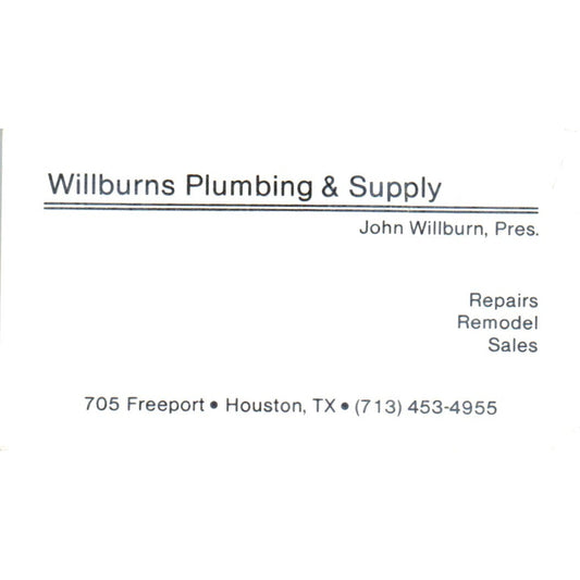 John Wilburn Plumbing & Supply Houston TX Vintage Business Card SD4-B1