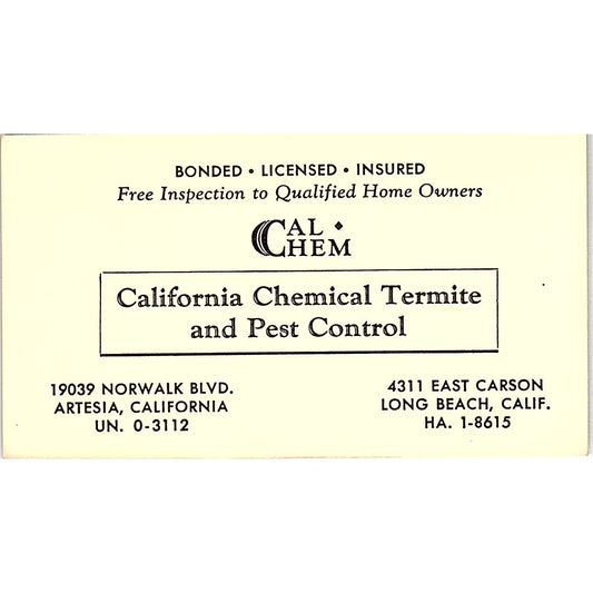 California Chemical Termite & Pest Control Long Beach CA Business Card SB4-B1