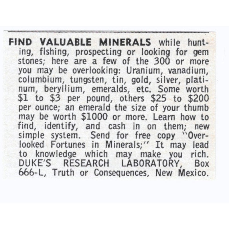 Duke's Research Laboratory Minerals Truth or Consequence NM 1964 Ad AK6-S8