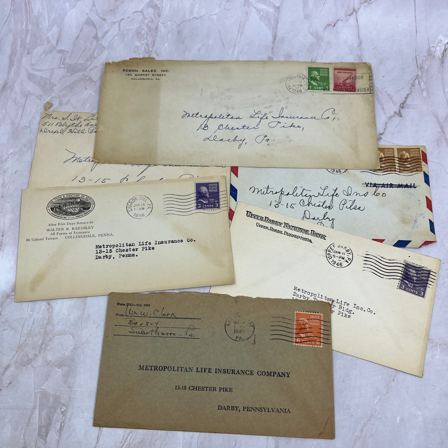 1940s Lot of Metropolitan Life Ins Co Darby PA Postal Cover Envelopes TI5-E-8