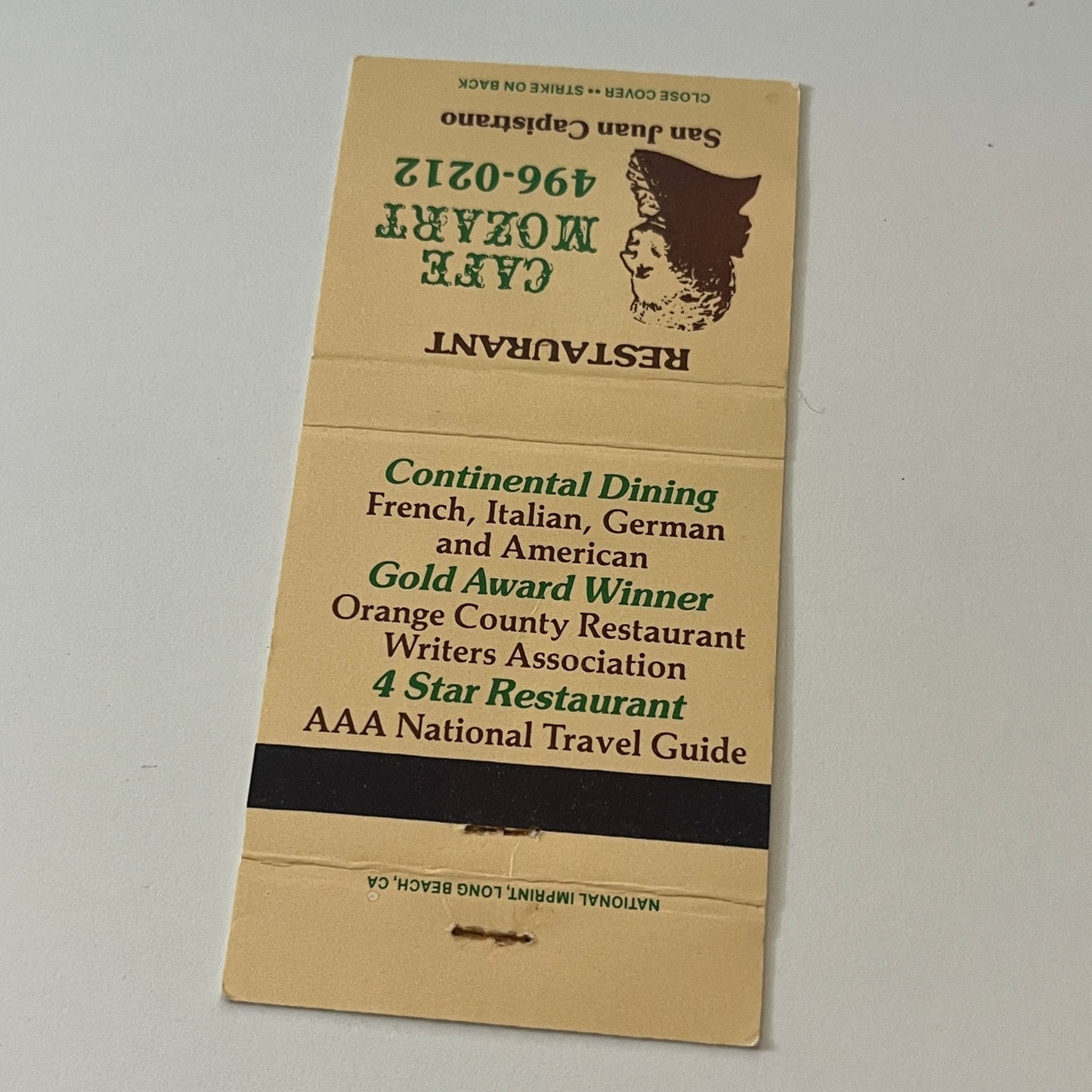 Cafe Mozart San Juan Capistrano Vintage Matchbook Cover TB6-MB2-6