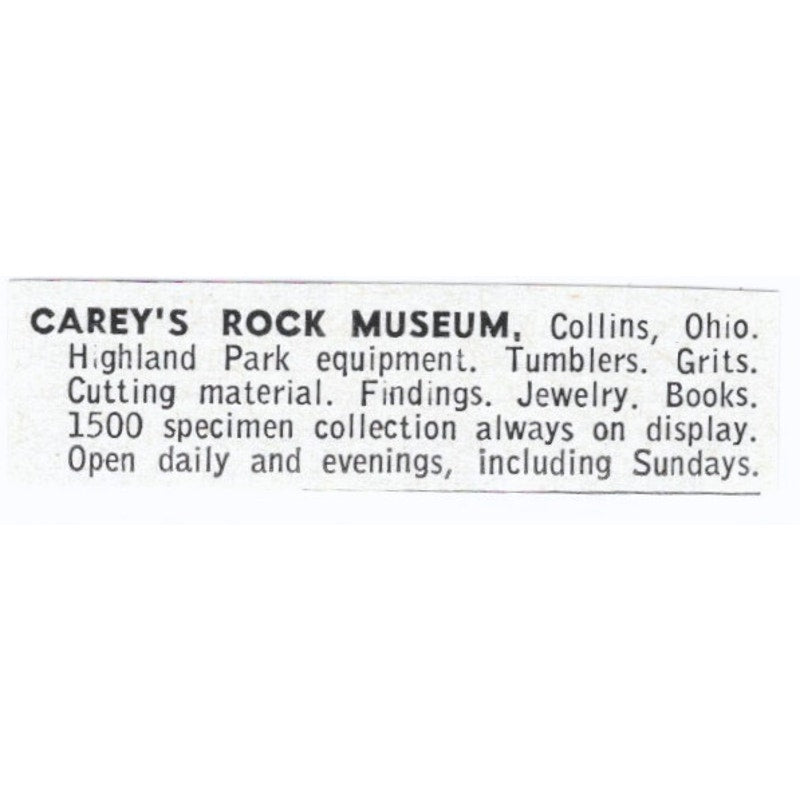 Carey's Rock Museum Lapidary Supply Collins Ohio 1964 Magazine Ad AB6-LJS9