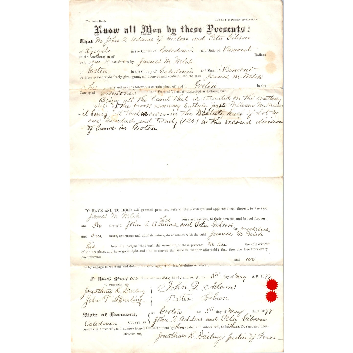 1879 Warranty Deed J.L. Adams & Peter Gibson to James M. Welch Groton VT AF7-E6