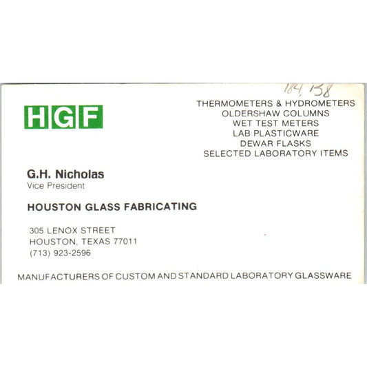 HGF G.H. Nichols Houston Glass Fabricating TX Vintage Business Card SD8-B4