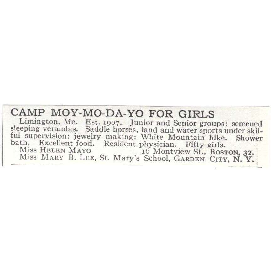 Camp Moy-Mo-Da-Yo Helen Mayo Mary B. Lee Garden City c1918 Advertisement AE5-SA6