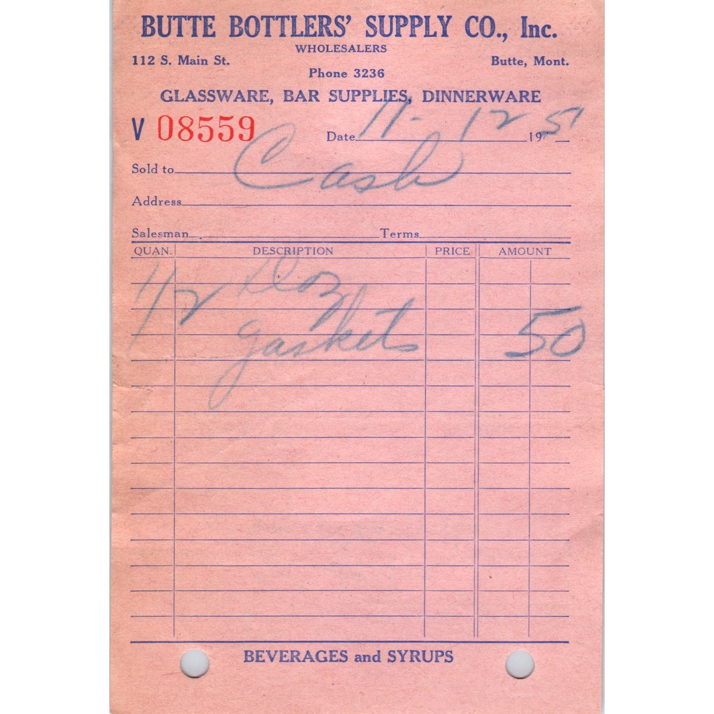 1950s Coca Cola Coke Receipt Butte Bottler's Supply Co Montana AE8-3