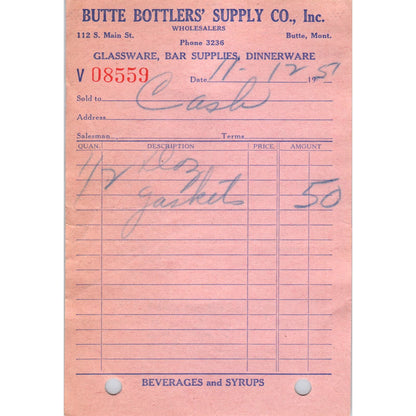 1950s Coca Cola Coke Receipt Butte Bottler's Supply Co Montana AE8-3