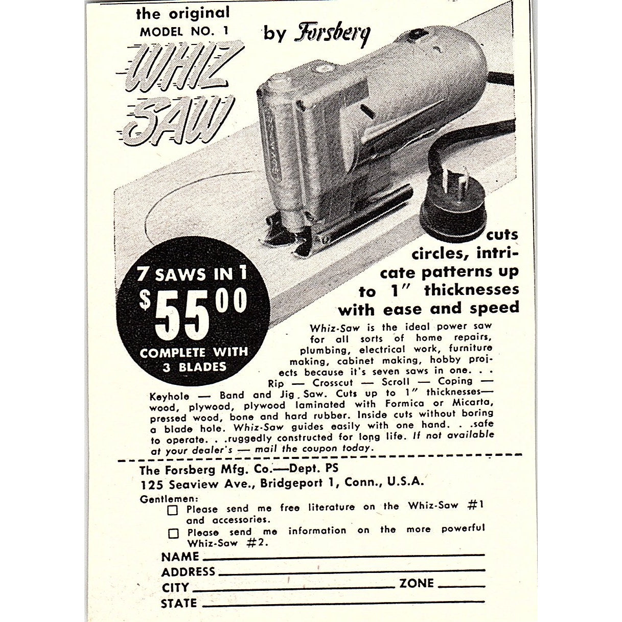 Whiz Saw by Forsberg - The Forsberg Mdf Co Bridgeport CT 1955 Ad AF9-M1