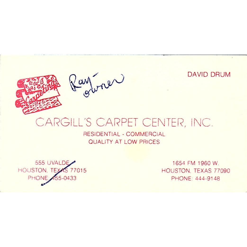 Cargill's Carpet Center David Drum Houston Texas Vintage Business Card SF3-B6